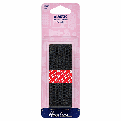 H621.32 General Purpose Knitted Elastic: 1m x 32mm: Black